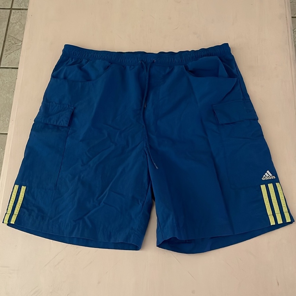 adidas Men’s Athletic Shorts in Royal Blue with Neon Yellow Stripes